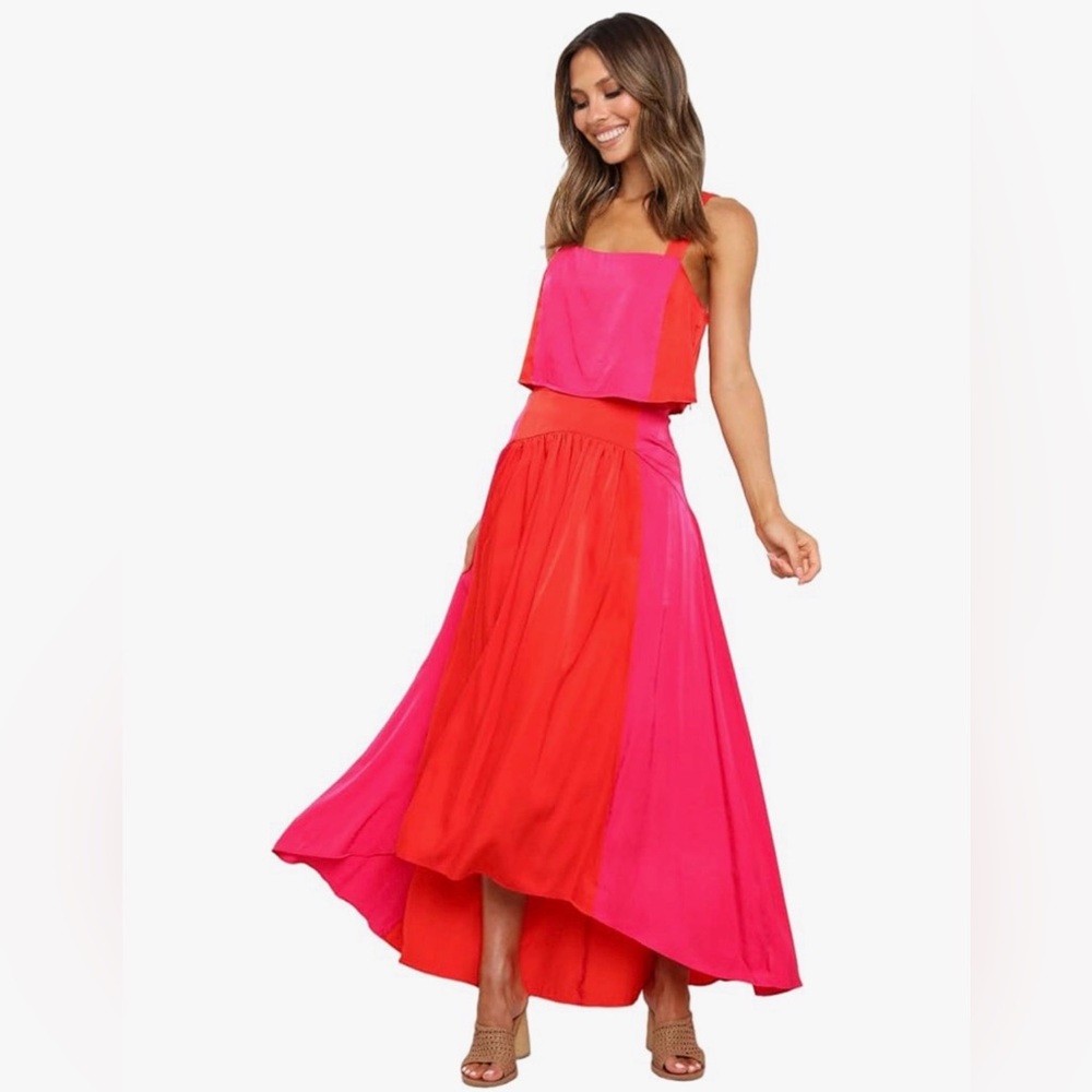 Colorblock Red & Pink Maxi Skirt - Women's Fashion